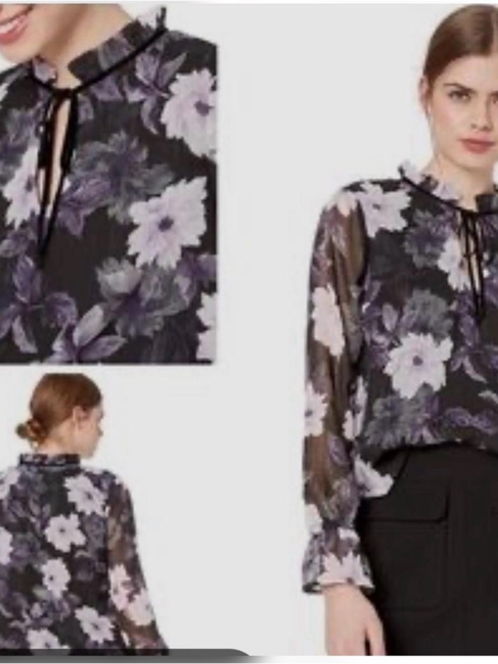 cupcakes & cashmere Black Sheer Floral Tie-Neck Blouse